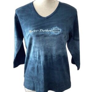 Harley-Davidson Shirt Women's Size XL Blue Barrett El Paso TX 3/4 Dyed V-Neck